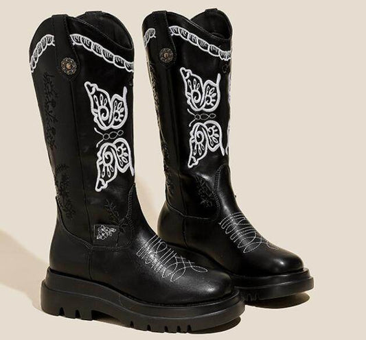 All-match Butterfly Embroidery Cowboy Boot - Mubimart