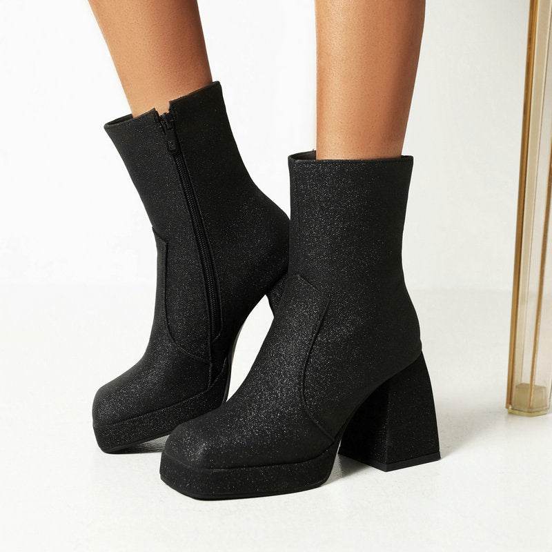 Square Toe Booties Female High Heel Martin Boots Sequin High Heels Ankle Boots - Mubimart
