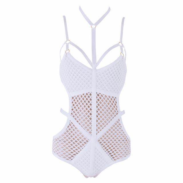 Black Rayon Cross Halter Neck Grid Perspective Knitted Sexy Ladies New Fashion Bodycon Bandage Bodysuits - Mubimart