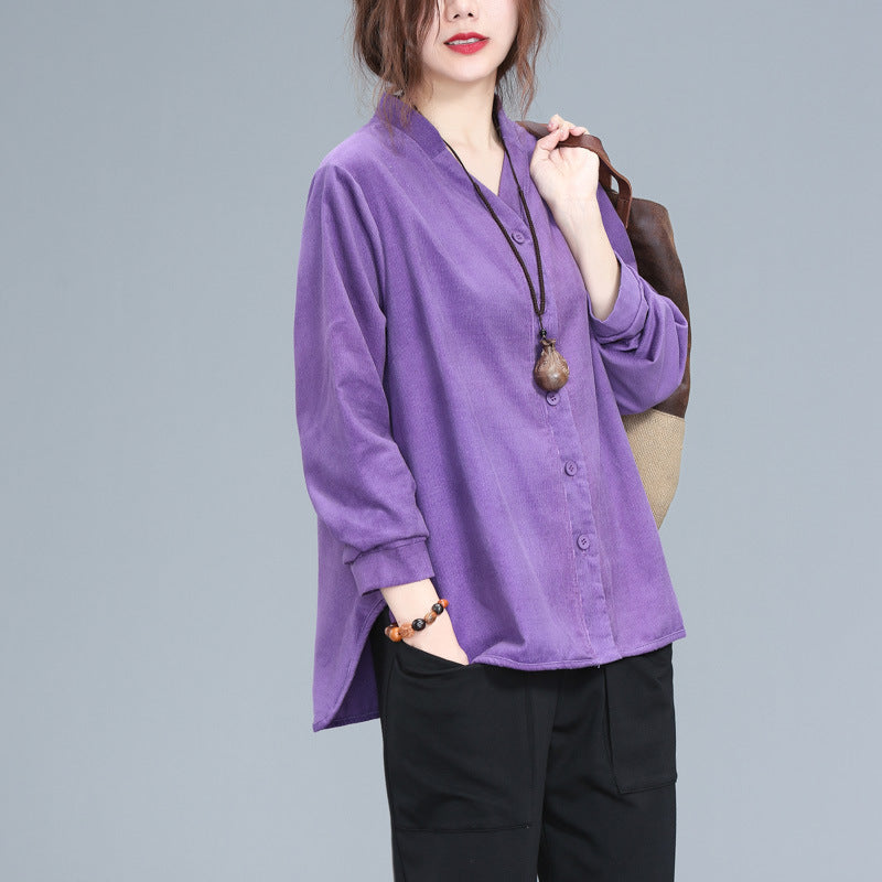 Loose plus size corduroy shirt - Mubimart -  