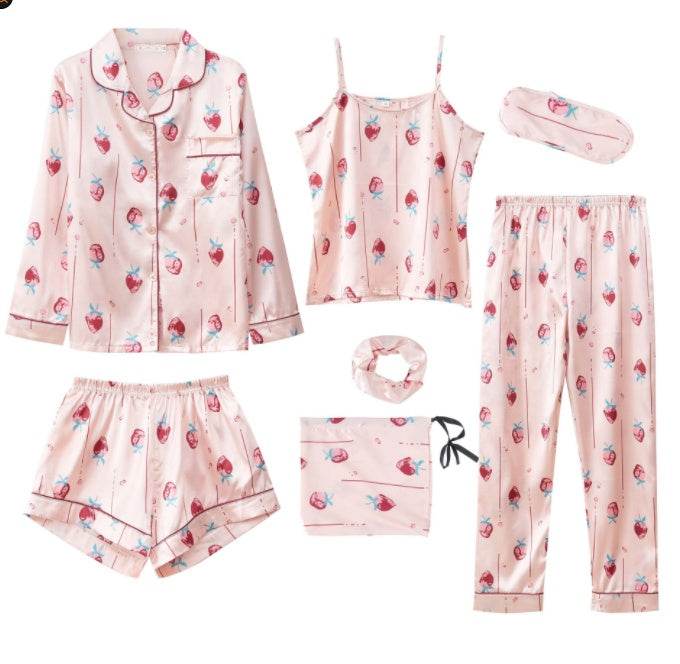 Simulated Silk Striped Seven-piece Loungewear - Mubimart