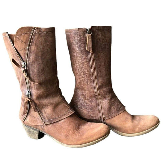 Women's Fashion Casual Side Zipper Mid-calf Leather Boots - Mubimart