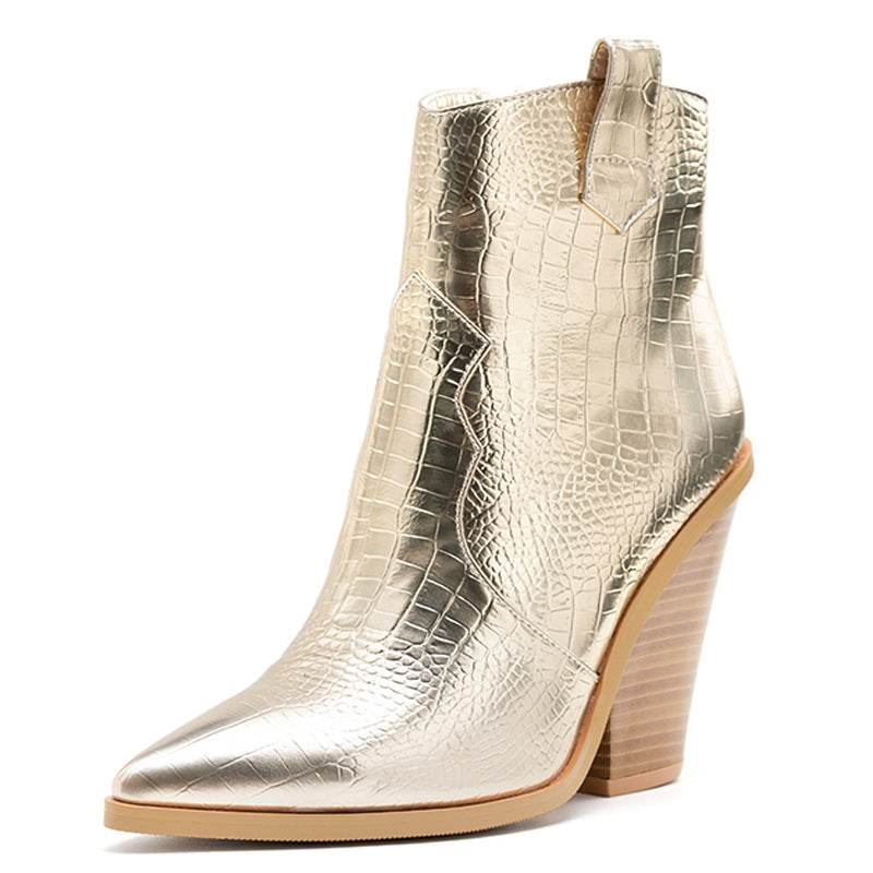 Block heel high heel pointed toe boots - Mubimart