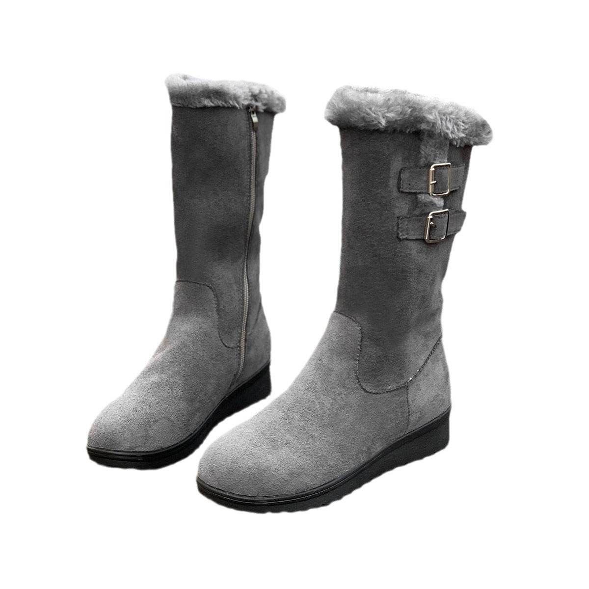 Fleece-lined Thick Mid-calf Martin Boots Wedge Heel - Mubimart
