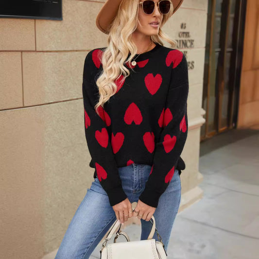 Knitted Jacquard Round Neck Pullover Long Sleeve Sweater Coat Sweater Women