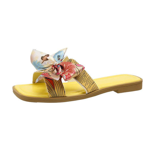 Ribbon Bow Sandals Summer New Square Toe Low Heel Sandal For Women Slides Fashion Casual Beach Shoes - Mubimart