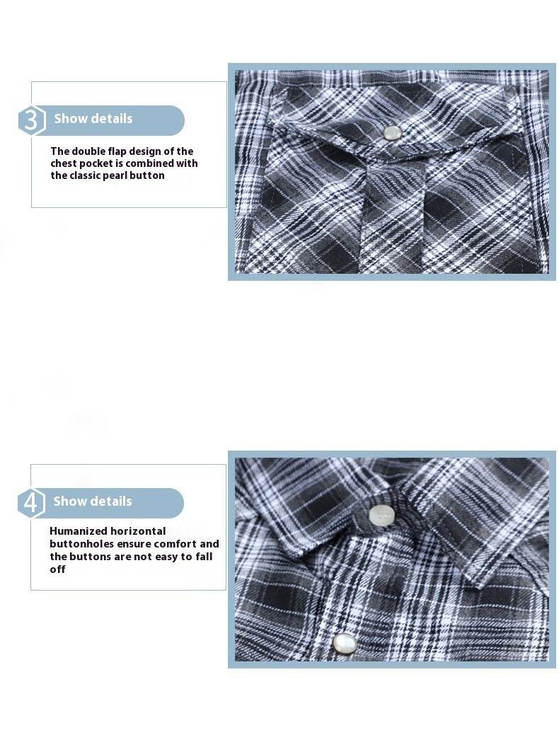 Flannel European And American Retro Pearl Buckle Western Style Long Sleeve Shirt - Mubimart