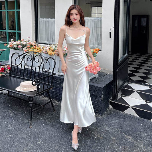 Acetate Strap Fairy Satin Sleeveless Dress Formal Dress - Mubimart