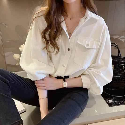 Blouses Shirts Women Spring Pockets Long Sleeve Fashion Solid Korean - Mubimart