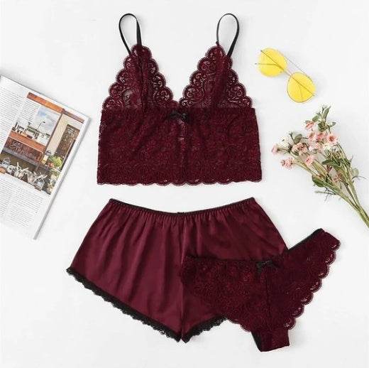 Satin Lingerie Lace Shorts Set - Mubimart