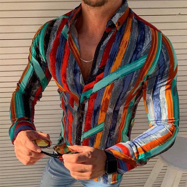 Motley Striped Lapel Button Down Shirt - Mubimart