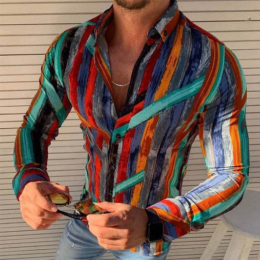 Motley Striped Lapel Button Down Shirt - Mubimart