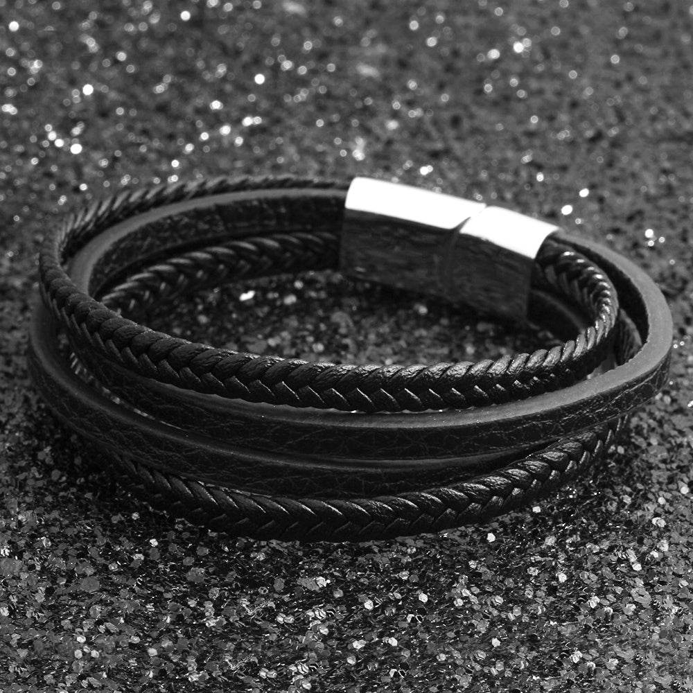 Bracelets & Bangles Men Stainless Steel Leather Bracelets Braided Rope Magnetic Clasp Male Bangles Jewelry New - Mubimart