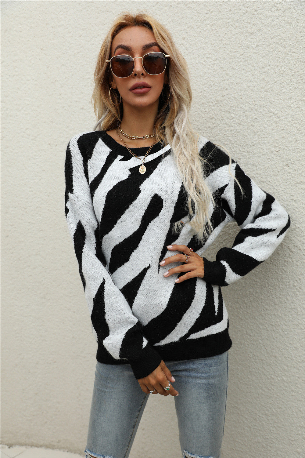 Striped Personality Fashionable Knitted Pullover Sweater Plus Size