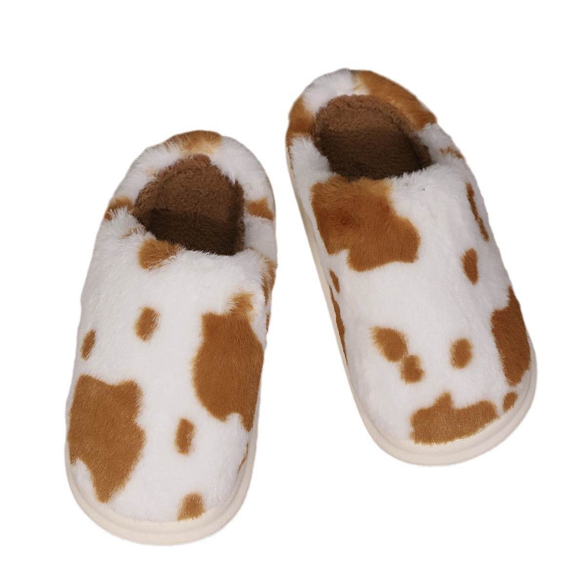 Cute Cow Spotted Plush Slippers Winter Warm Non-slip Bedroom Floor Fuzzy Slipper Couple Women House Shoes - Mubimart