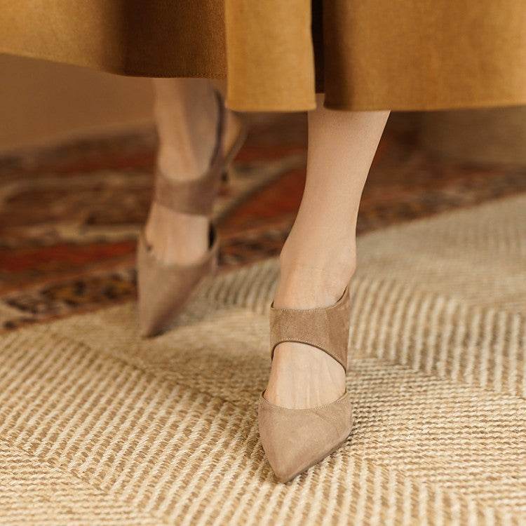 French Retro Pointed Toe Low-cut High Heels Closed Toe Slingback Sandals - Mubimart
