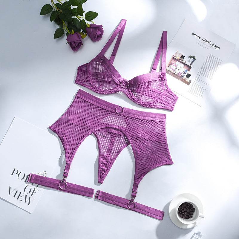 Lace Mesh Cross Strap Garter Belt Three-piece Split Suit - Mubimart