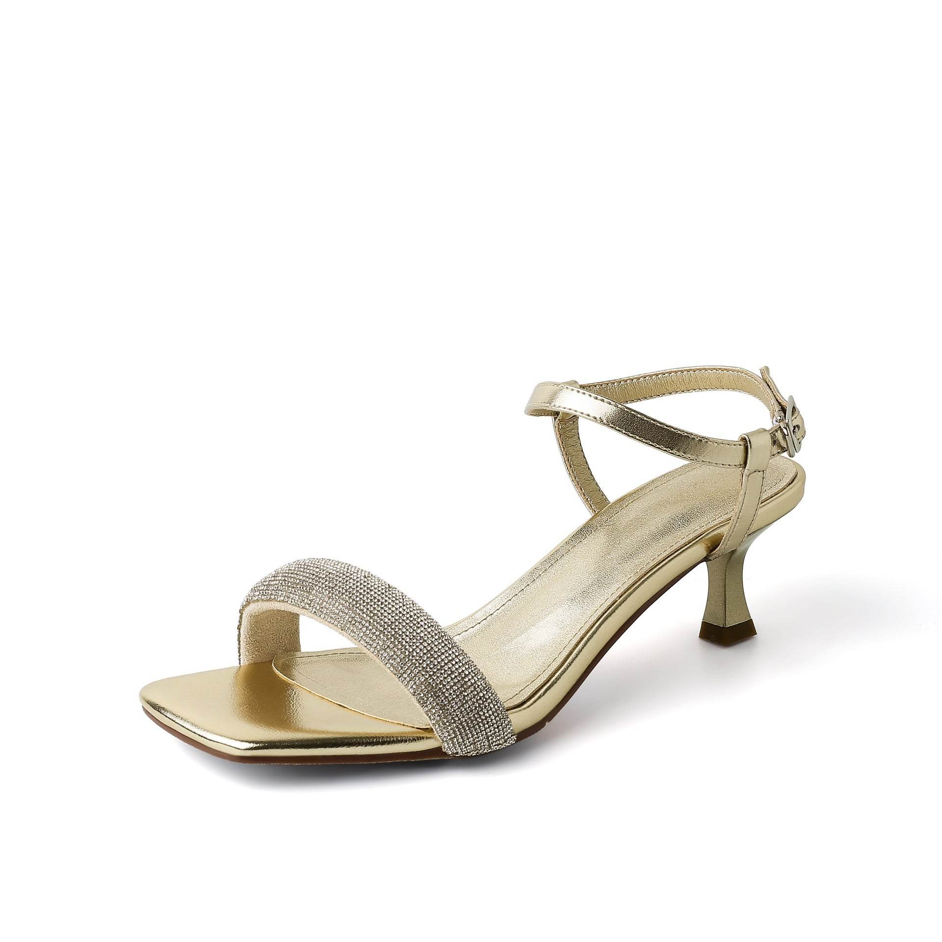 Women's New Summer Fairy Style Mid Heel Square Toe Open Toe Classy Stilettos Rhinestone Strap Women's Sandals - Mubimart