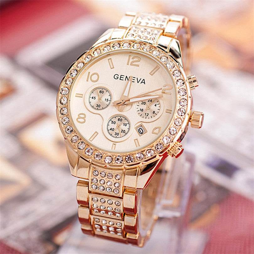 Geneva diamond calendar watch women fashion watch business casual ladies quartz tide watch fake three-eyed watch - Mubimart