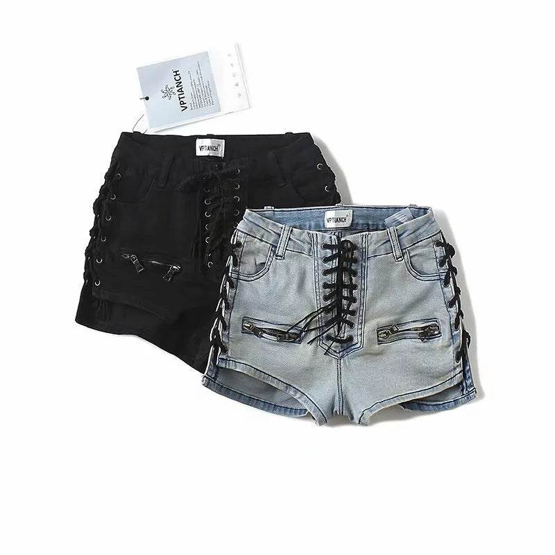 Heavy Industry Lace-Up Denim Shorts Women European And American Trend Women's Pants - Mubimart