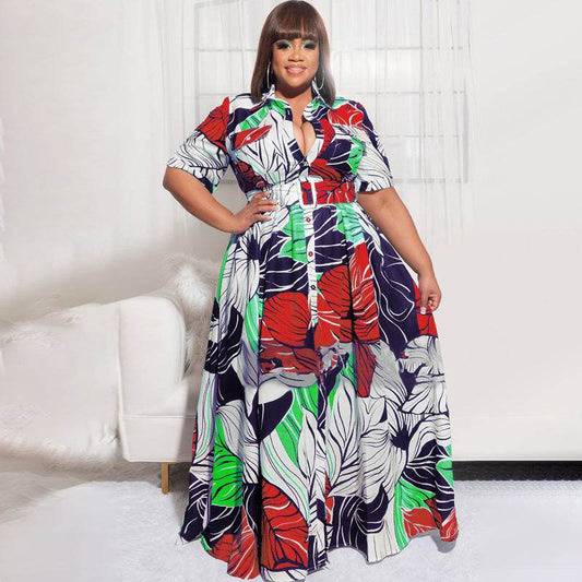 Printed Long Casual Two-Wear Plus Size Women's Dress - Mubimart