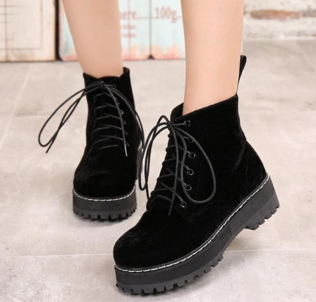 Vintage boots velvet straps ankle boots female tendon thick Martin boots