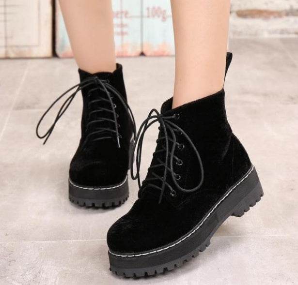 Vintage boots velvet straps ankle boots female tendon thick Martin boots - Mubimart