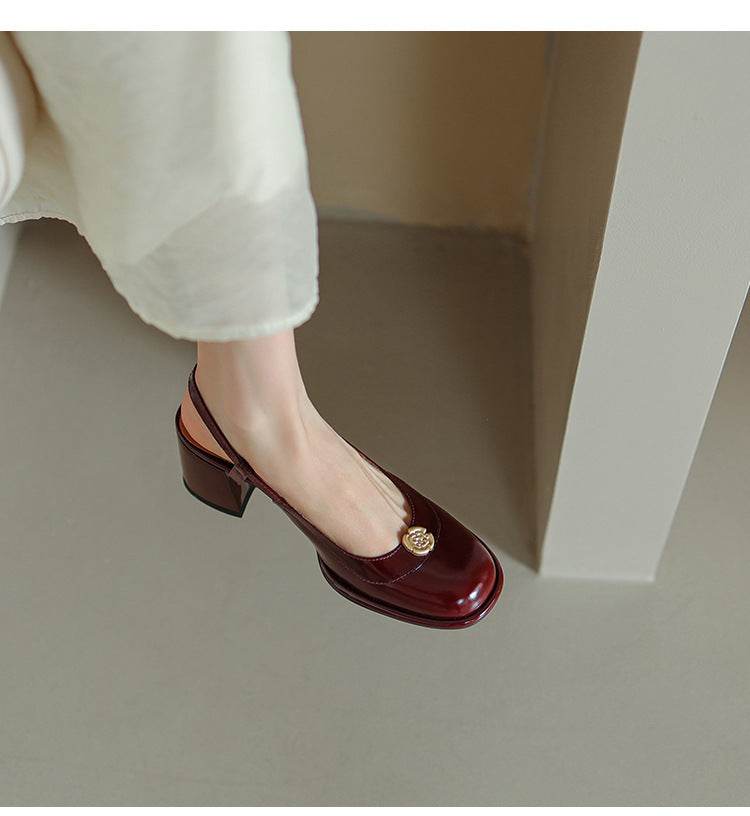 Thick High Heel Cowhide Toe Cap Slingback Sandals Women - Mubimart