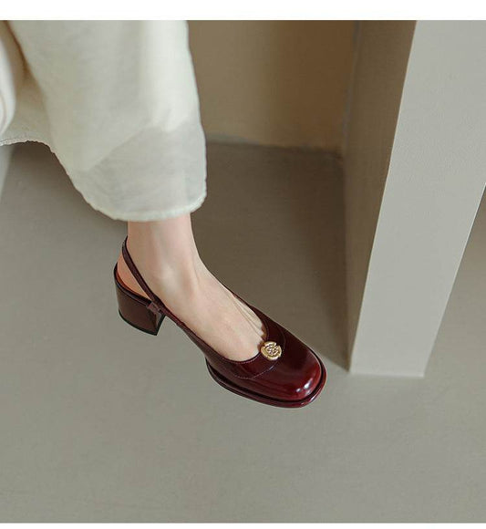 Thick High Heel Cowhide Toe Cap Slingback Sandals Women - Mubimart