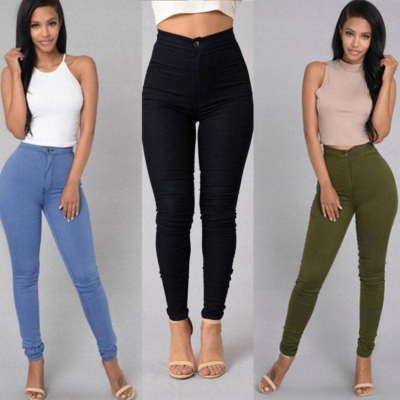 Casual Pants For Women High Waist Stretch Slim Trouser Skinny Candy Color Jeans - Mubimart
