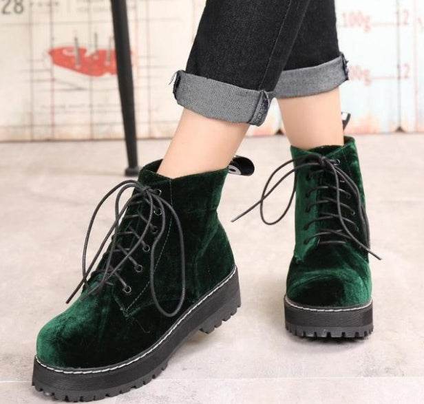 Vintage boots velvet straps ankle boots female tendon thick Martin boots - Mubimart