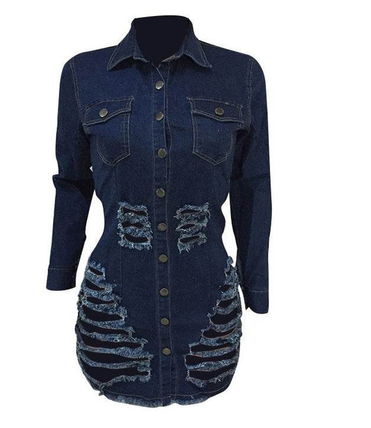 Shredded denim dress denim casual dress - Mubimart