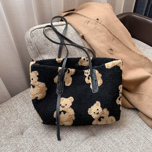 Women Cute Bear Plush Shoulder Bag Large Tote Handbag Purse - Mubimart