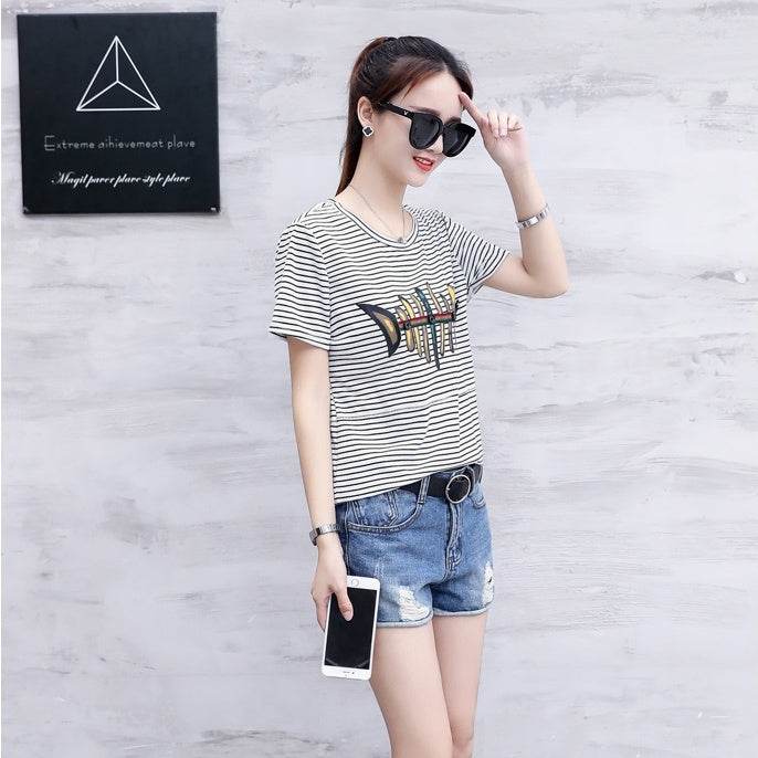 Striped short sleeve t-shirt for women - Mubimart
