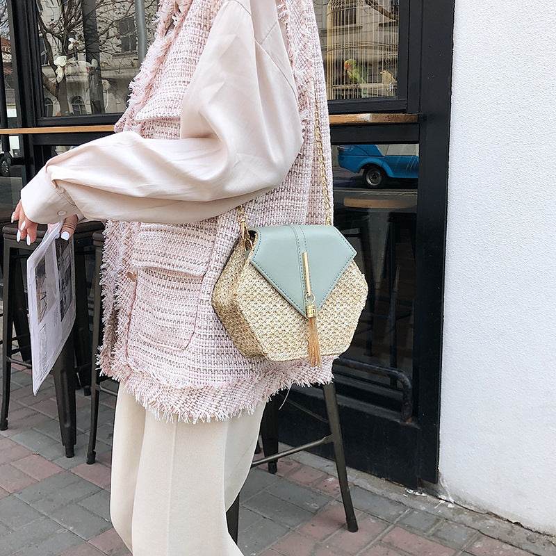 Straw bag shoulder messenger bag beach bag - Mubimart