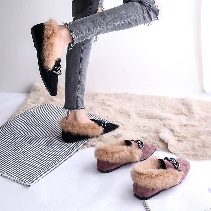 Rabbit fur and velvet cotton flats - Mubimart