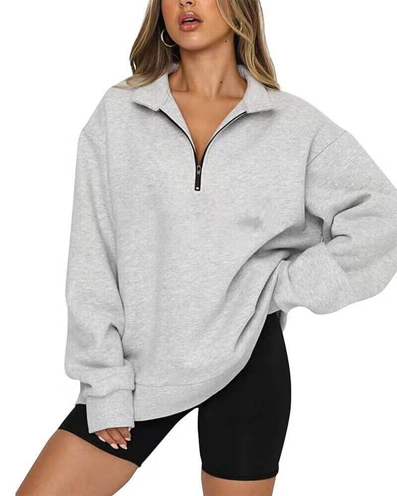 Women Sweatshirts Zip Turndown Collar Loose Casual Tops Clothes - Mubimart