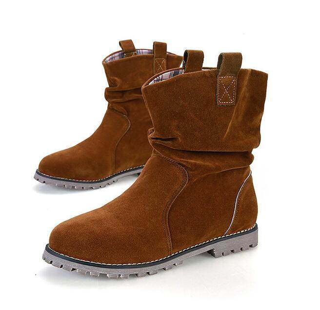 Lady's Mid-calf Boots Round Toe Wrinkled Boots Big Code - Mubimart