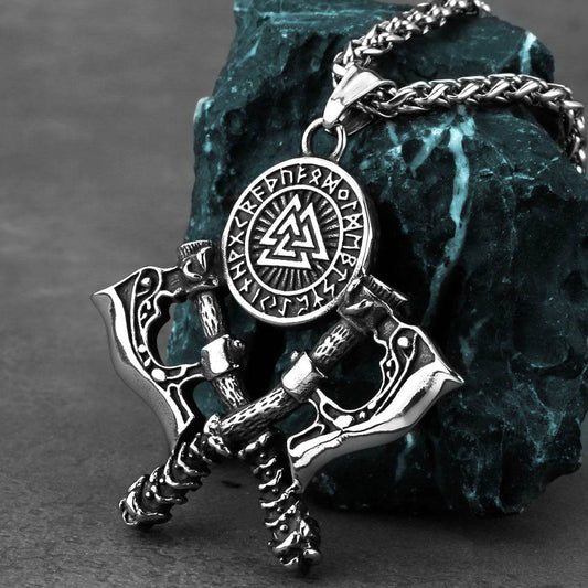 Mens Double Axe Stainless Steel Pendant Necklace - Mubimart