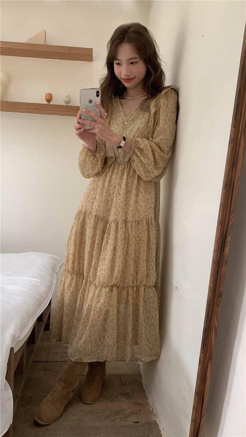Retro Elegance Chiffon Midi Dress - Mubimart