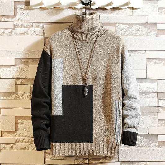 Loose Turtleneck Color-Block Pullover Sweater Plus Size Fashion Trend Casual Sweater - Mubimart