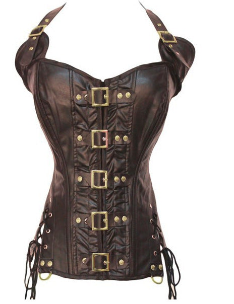 Punk PU corset leather halter corset - Mubimart -  