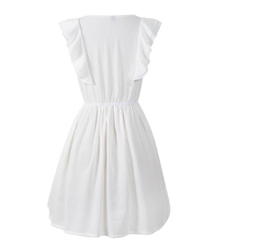 USA SIZE European and American leisure round neck ruffled sleeveless solid color mini dress women's clothing - Mubimart