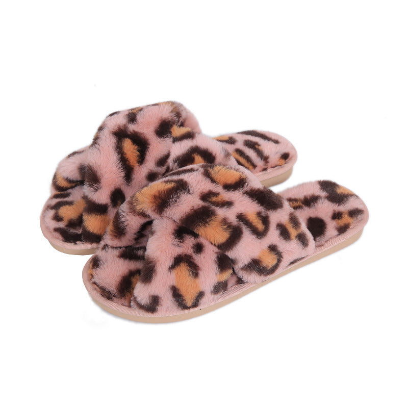 Cross-strap Fuzzy Slippers Leopard Plush House Shoes Flat Bedroom Slippers Slippers For Women - Mubimart -  