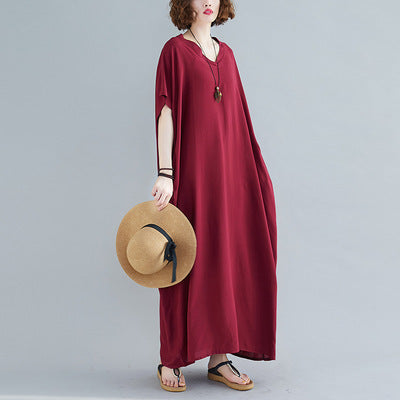 Plus Size Women's Bohemian V-neck Cotton Dress Solid Color Robe - Mubimart -  