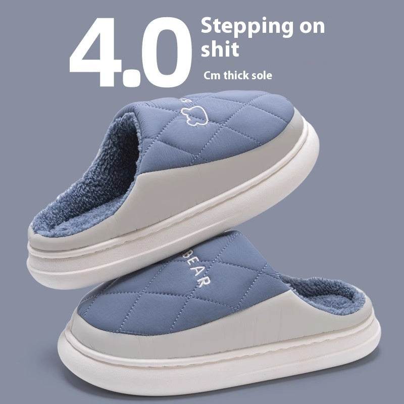Rhombic Sewing Plush Slippers For Men Winter Warm Non-slip House Shoes Women's Bedroom Floor Home Slipper Couple - Mubimart