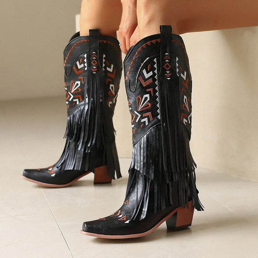 High Heel Tassel Decoration Below The Knee Western Cowboy Boot - Mubimart