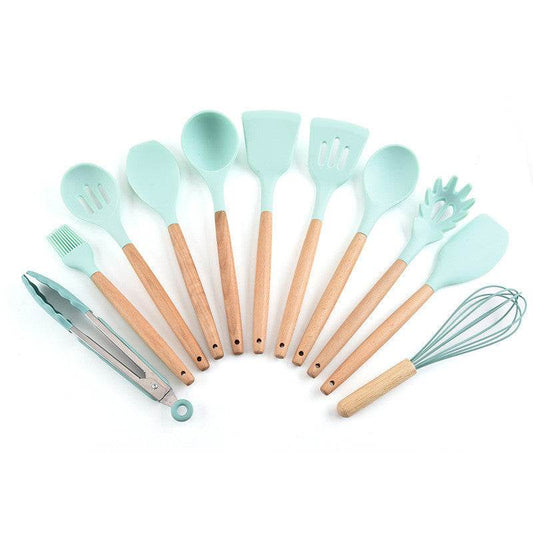 Silicone 11Pcs Kitchen Cooking Utensil Set Non-stick Spatula Heat Resistant Wooden Handle - Mubimart