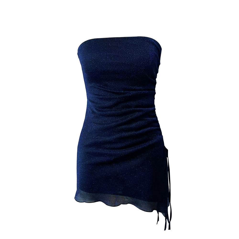 Women's Strapless Tube Top Short Skirt Drawstring Mini Dress - Mubimart