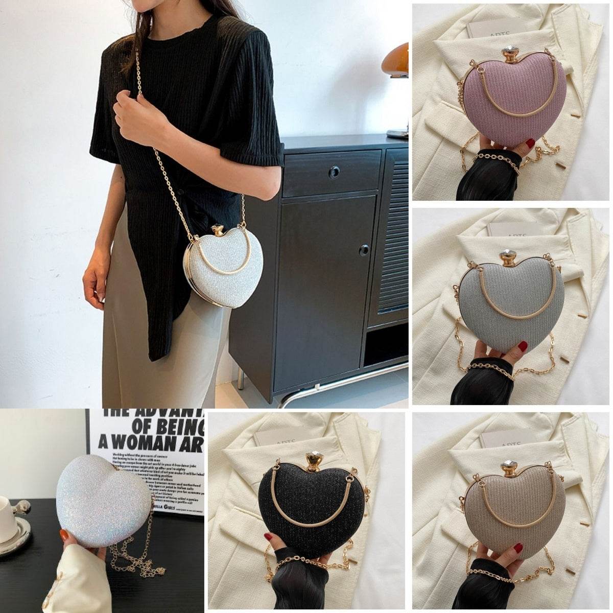 Evening Clutch Bag Women Bag Shiny Handbag Heart Shape Metal Clutches Bag Fashion Chain Shoulder Crossbody Bag Luxury Lady Purse Valentines Day Outfit - Mubimart